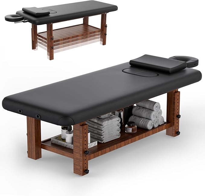 Olela Wood Adjustable Massage Table, Stationary Massage Tables with Adjustable Height Legs & Storage, Esthetician Bed with C-Shaped Pillow & PU Leather for Spa, Massage, Physical Therapy, Treatment