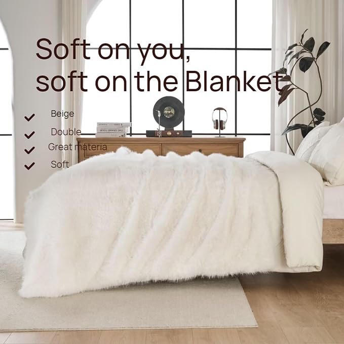 Luxury Fluffy Faux Fur Throw Blanket, Thick Silky Fuzzy Cozy Blanket, Plush Blankets for Couch, Sofa, Chair, Bed - Ivory White, 50x60 Inches