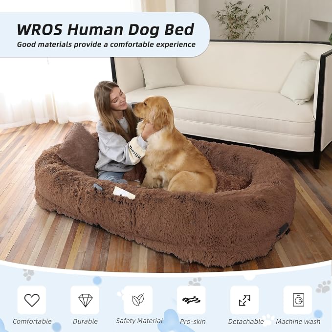 WROS Human Dog Bed, 71"x45"x12" Size Fits You and Pets, Washable Faux Fur Pet Bed for People Doze Off, Napping Orthopedic Dog Bed, Present Plump Pillow, Blanket, Strap - Coffee