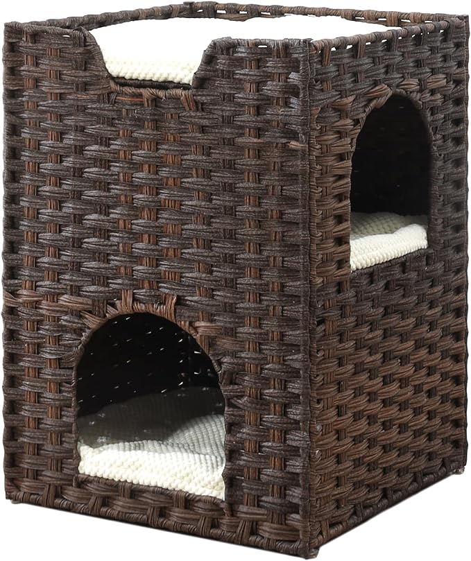 Cat Bed for Indoor Cats, a Stylish Cat Hideaway & Cat House - Handwoven Rattan Cat Cave Bed with Soft Cushion, Foldable Cat Cubes for Indoor Cats, Sturdy Cat Perch & Furniture Coffee Brown