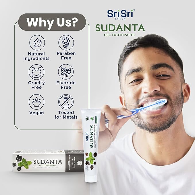 Sri Sri Tattva Sudanta Charcoal Toothpaste Gel – SLS, Fluoride Free Herbal Toothpaste with Neem & Ayurvedic Herbs – Natural Teeth Whitening, Fresh Breath, Oral & Gum Health – 100g Tube (Pack of 3)