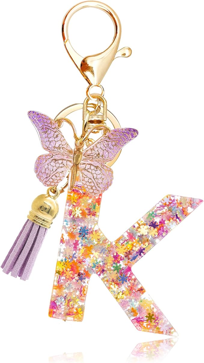 Fashion Alphabet Initial Letter Keychain Tassel Butterfly Pendant Key Ring for Purse Handbags Women Girl