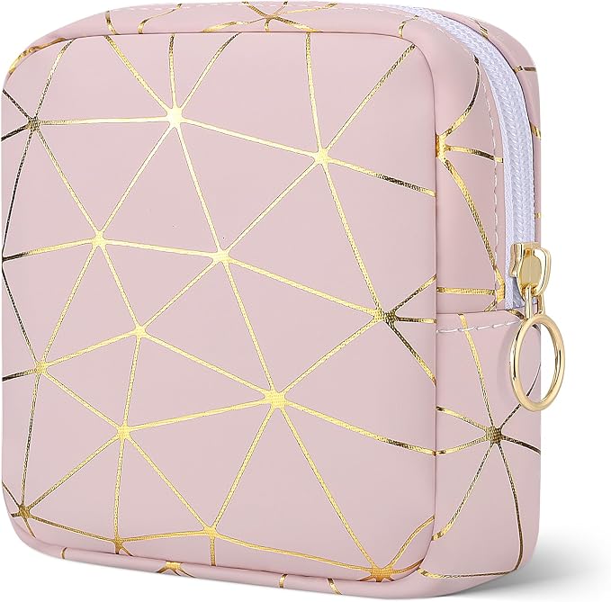 Likesing Sanitary Napkin Storage Bag, Leather Portable Period Bag for Girls Women, Sanitary Napkin Period Pad Pouch Tampon Holder for Purse (Pink Gold, Small-5.1")