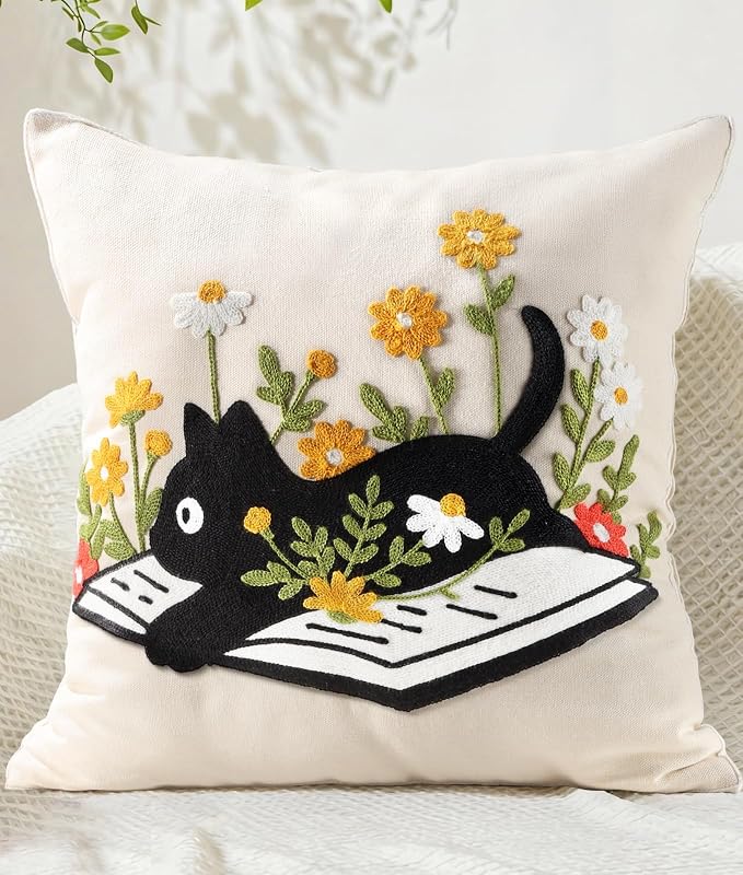 Animal Embroidered Throw Pillow Cover 18x18 Inch, Cat Floral | Decorative Pillow Cover, Farmhouse Cushion Cases with Hidden Zipper, Cottagecore Decor for Couch, Sofa, Living Room