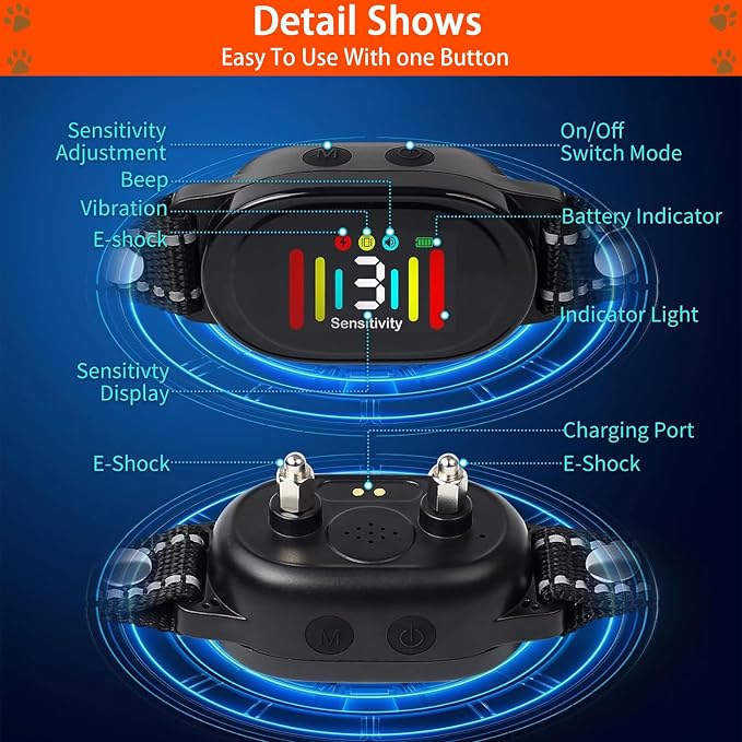 Smart Dog Bark Collar with Color LCD Screen, 3 Training Modes, Anti Barking Devic for Large Medium Small Dogs, Rechargeable IP67 Waterproof Anti-Bark Training Collar (Electrostatic)