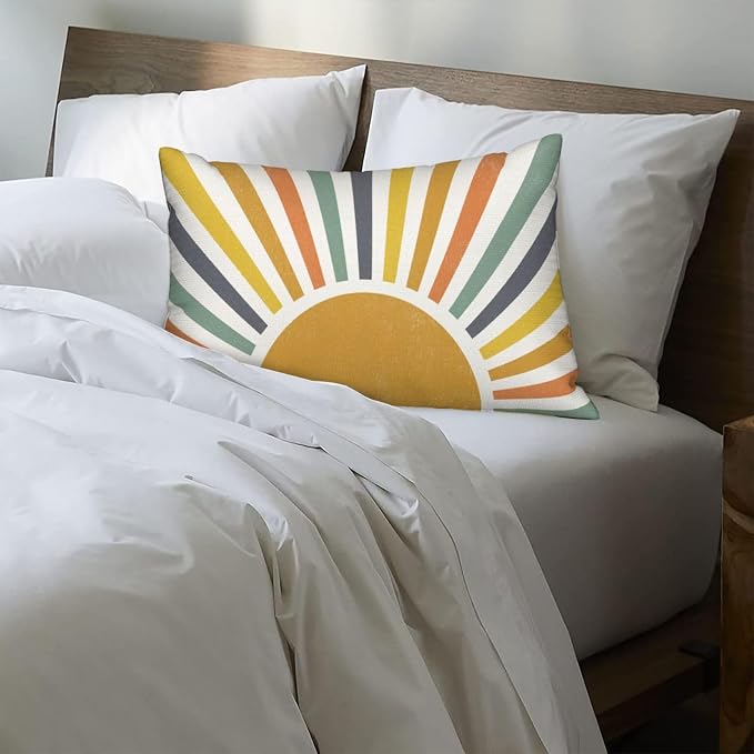 Boho Pillow Covers 12x20 Set of 2 Stripes Colorful Yellow Sunshine Decorative Pillow Cases Summer Rainbow Sun Outdoor Cushion Cover Cute Farmhouse Linen Decor Throw Pillows for Couch Sofa