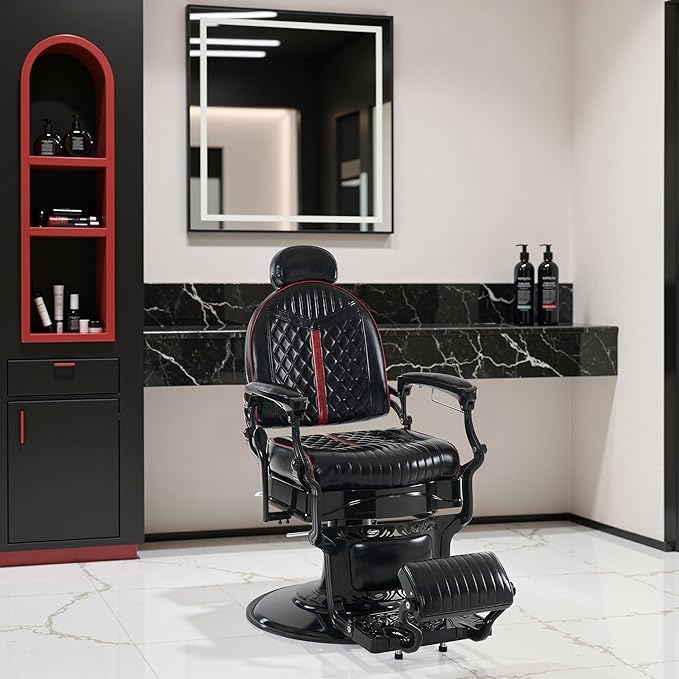 BarberPub Heavy Duty Metal Vintage Barber Chair All Purpose Professional Hydraulic Reclining Salon Beauty Spa Chair Styling Equipment 8730 (Red)