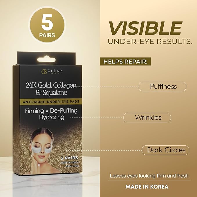 Clear Beauty, 24K Gold & Collagen Under Eye Patches For Dark Circles & Puffy Eyes – Firming & Hydrating With Squalane – Dermatologist Tested, Anti-Aging, Korean Skin Care – Clean Beauty – 5 Pairs