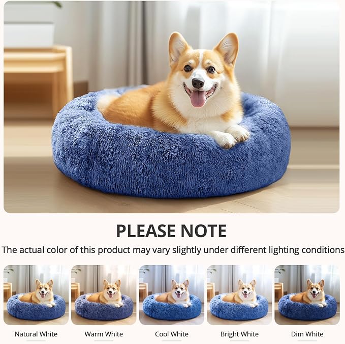 JOLLYVOGUE Calming Dog Bed Medium Size Dog, 31in Donut Washable Medium Pet Bed, Anti-Slip & Anti-Anxiety Fluffy Faux Fur Round Dogs Bed, Fits up to 45 lbs Pets (Navy Blue)