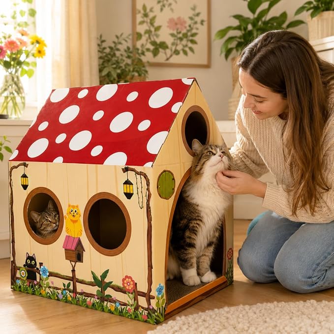 Cinrobiye Cardboard Cat House with Scratcher, Indoor Cat Condo Cat Cave Hideout with Scratch Pad, Cardboard Cat Playhouse Bed for Cats, Kittens, Rabbits & Small Pets (Mushroom)