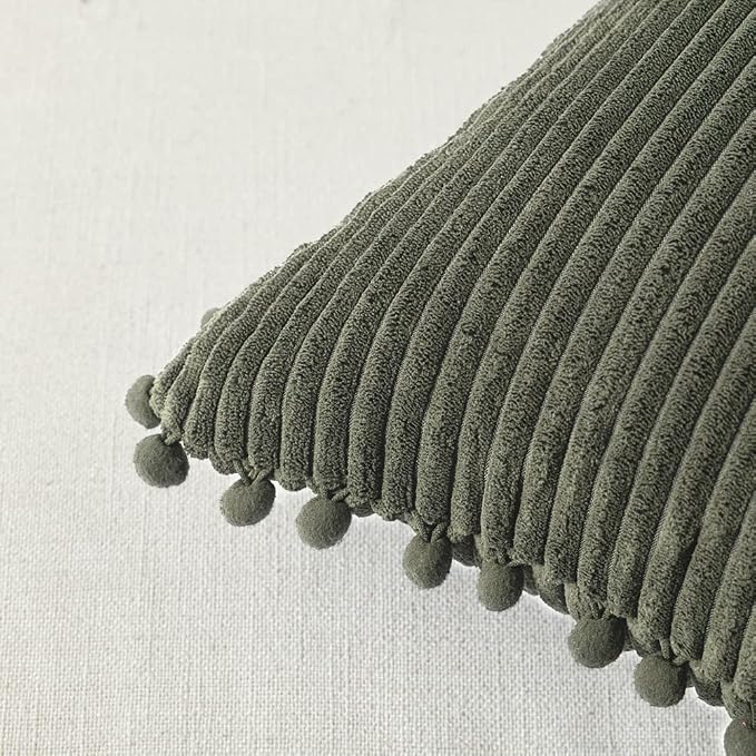 Fancy Homi Pack of 2 Olive Green Decorative Throw Pillow Covers 26x16 Inch with Pom-poms for Couch Bed Living Room, Soft Corduroy Solid Square Cushion Case 66x66 cm, Farmhouse Boho Home Décor