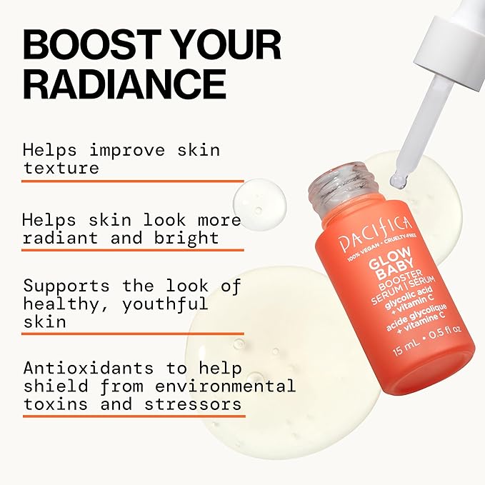 Pacifica Glow Baby Booster Mini Face Serum, Vitamin C & Glycolic Acid For Brightening Dull Skin, Fragrance-Free, Vegan & Cruelty-Free, .5 Fl Oz