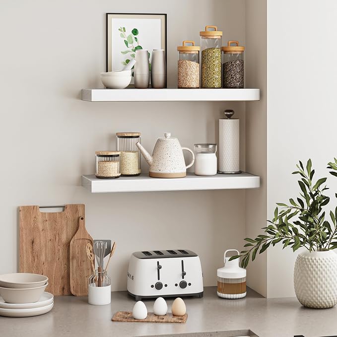 Fixwal Floating Wall Shelves for Decor (White, Set of 2, 22Inch) | MDF Shelf with Metal Brackets, Space Saving for Books , Decor, Fits Bathroom, Kitchen, Bedroom, or Office