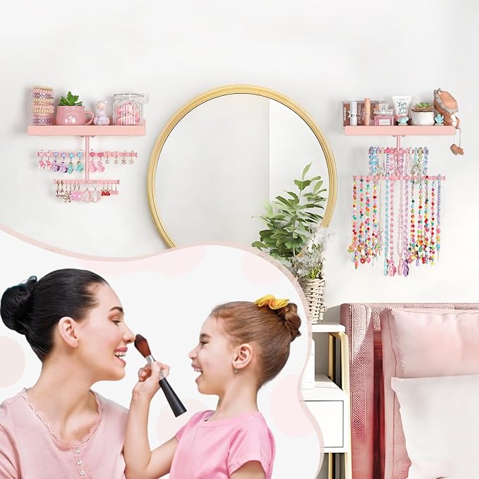 Keebofly Jewelry Organizer Wall Mounted Hanging with Wooden Shelf for Kids, Girls, Teens, Jewelry Holder Storage Display for Earring, Necklace, Bracelet, Bow, Pink, (Patented)