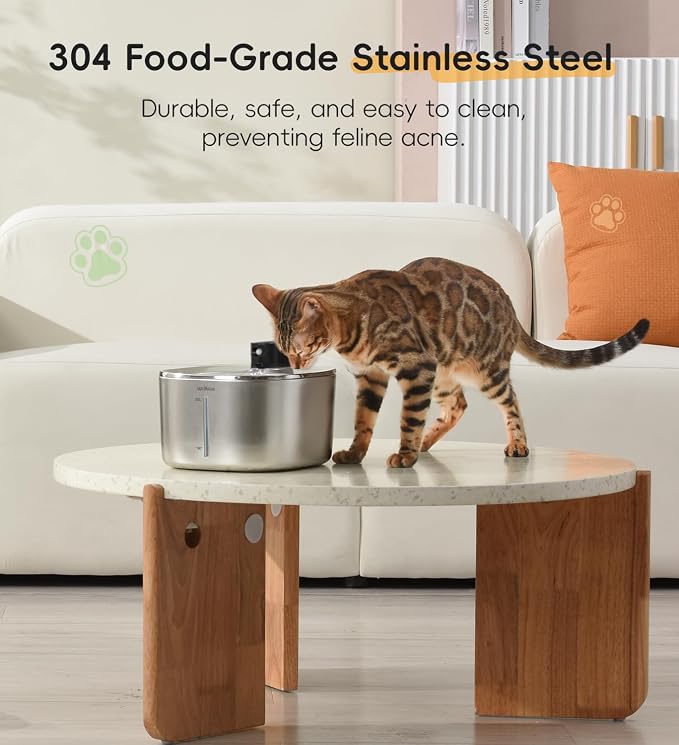 Cat Water Fountain Stainless Steel, 138fl.oz / 4.1L Cordless Cat Fountain | Wireless Pet Fountain; 4000mAh Battery; Indoor; Triple Water Modes; 25 dB Ultra-Quiet