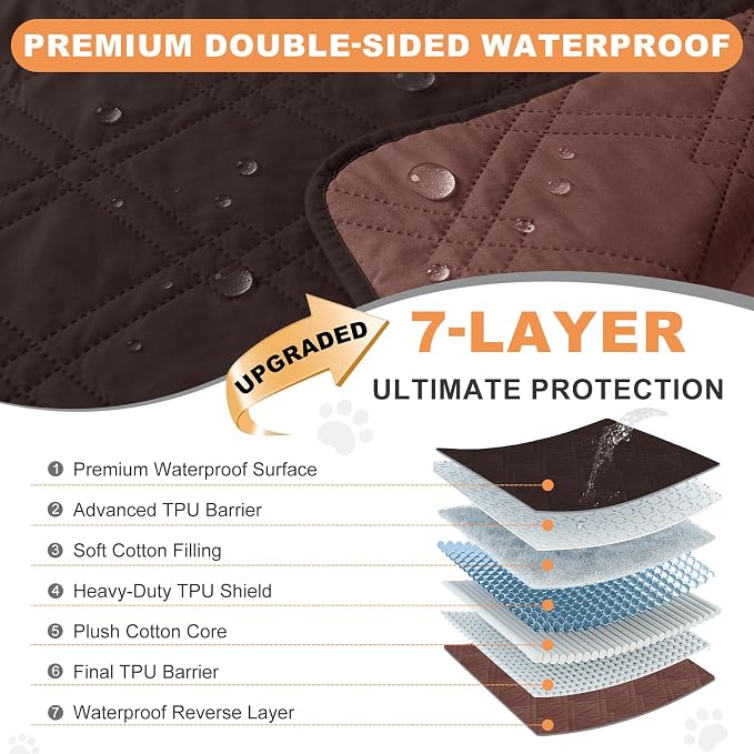 100% Waterproof Washable Dog Blanket，Chocolate+Coffee，82"x92" | ,7-Layer Reversible Couch Covers for Dogs Met for Sofa Furniture Car Camping