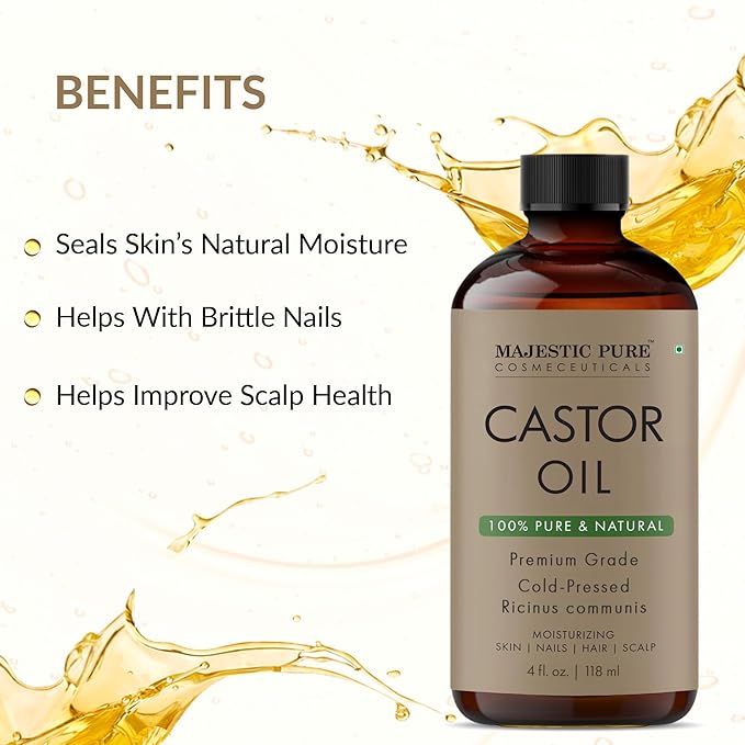 Majestic Pure USDA Organic Castor Oil - 100% Pure & Natural - Premium Grade, Cold Pressed, Hexane Free - Hair, Eyelashes, Eyebrows, Nails - Moisturizing & Nourishing - 4 Fl Oz