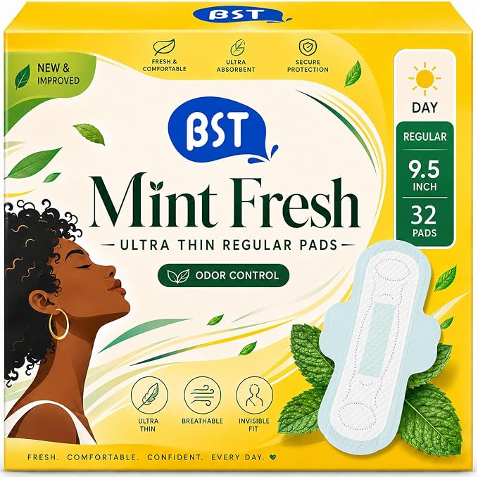 BST Mint Fresh Pads for Women, Breathable Thin Sanitary Napkins with Wings, Odor Control, Moderate Absorbency, Feminine Care, Active Lifestyle Use（Regular, 32 Count, Packaging May Vary