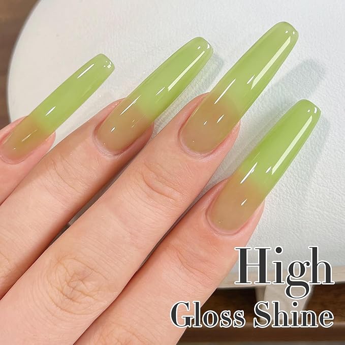Double Rhythm Translucent Gel Polish Sheer Neutral Natural Light Milky Same Color Same Bottle 15ML Jelly Nail Polish Nail Art DIY at Home (Green-A1408)
