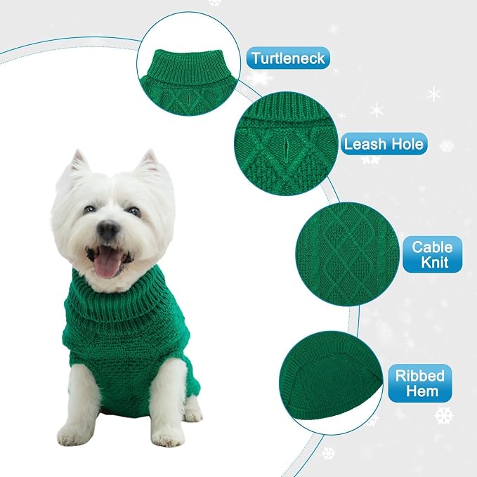 Mihachi Turtleneck Dog Sweater - Winter Coat Apparel Classic Cable Knit Clothes with Leash Hole for Cold Weather, Ideal Gift for Pet in New Year