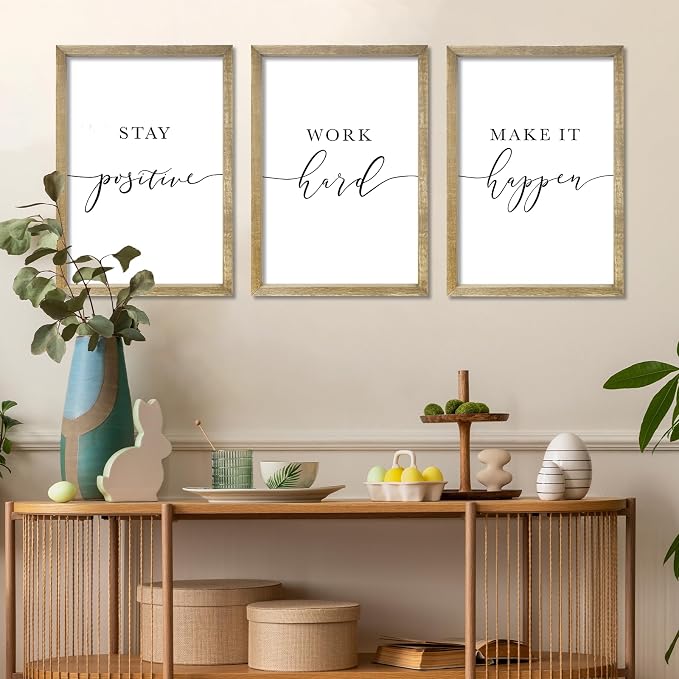RLWangChao Inspirational Quotes Wall Art Decor 3 Piece 11"X16" Wood | Modern Office, Stay Positive Work Hard Make It Happen Motivational, Framed Sign, Living Room Positive Wall Hanging
