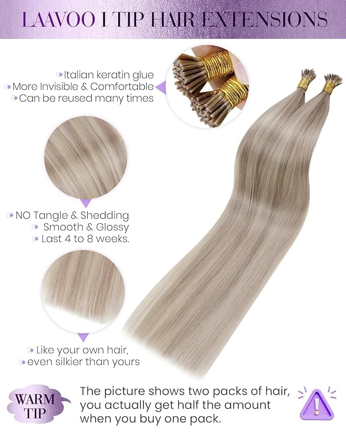 LaaVoo Itip Human Hair Extensions Balayage I Tip Hair Extensions Human Hair Ash Blonde Highlighted Bleach Blonde I Tips Hair Extensions Soft Straight 22inch 100g 100s