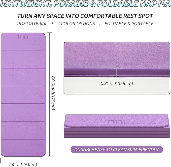 ILILI Foldable Yoga Mat 71 * 24 * 0.3'' - TPE Non-Slip Fitness Mat for Home，Waterproof & Lightweight (2lb) for Home Gym, Pilates & Stretching,Fitness Workouts