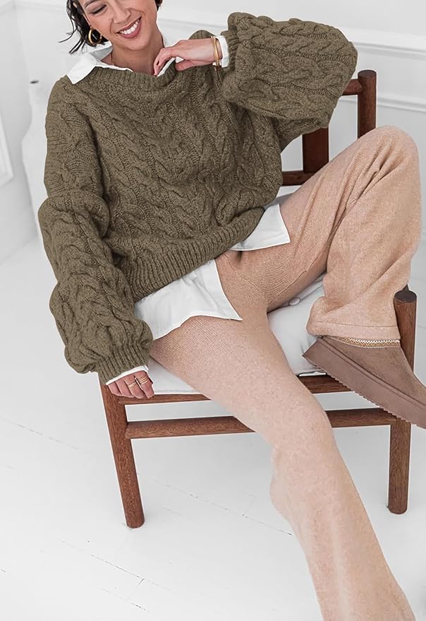 PRETTYGARDEN Womens Sweaters Spring 2026 Cable Knit Long Sleeve Crewneck Oversized Sweater Chunky Pullover Loose Outfits