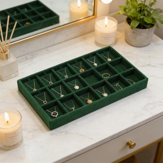 Velvet Jewelry Organizer Trays Dark Green 18 Grids | Stackable Jewelry Storage Holder Display Tray with Removable Dividers for Drawers