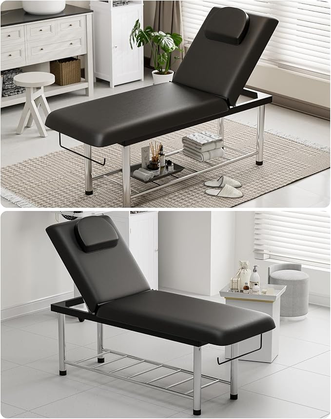 SyyBhb Professional Stationary Massage Table, 550lbs Heavy Duty Wide Exam Bed for Treatment, Backrest Adjustable, Removable Headrest, Bottom Shelf Storage and Towel Hook, Black