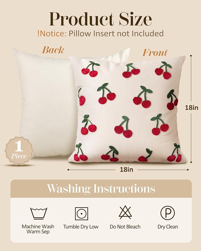 Embroidered Throw Pillow Cover 18x18 Inch, Little Cherry | Decorative Pillow Cover, Vintage Cottagecore Cushion Case with Hidden Zipper, Decor for Couch, Sofa, Living Room, Bedroom
