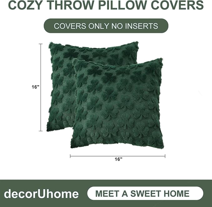 decorUhome Faux Fur Throw Shamrock Green Pillow Covers 16x16 Set of 2 | Plush Soft Wool St. Patrick’s Day Throw Pillow Covers, Accent Modern Farmhouse Pillow Covers Holiday Decor for Sofa Bed