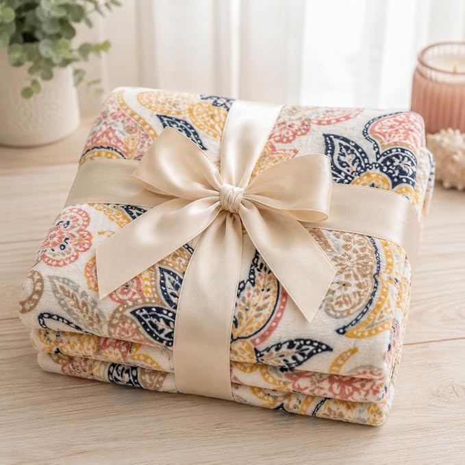 Bohemian Floral Fleece Throw Blanket: Velvety Soft, Durable Paisley Boho Accent for Bed or Couch (Yellow Paisley, 50 x 70 inches)
