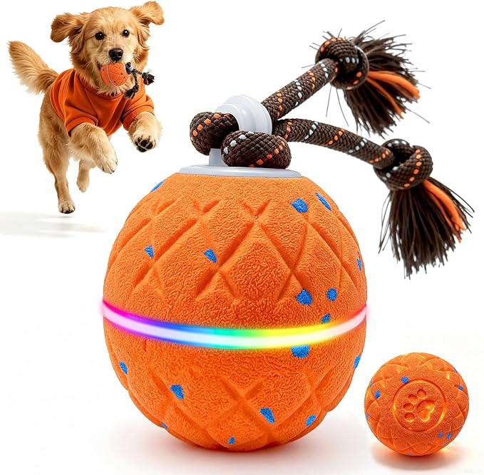 Smart Interactive Dog Toy Ball, Automatic Moving Dog Balls Smart Herding Ball for Dogs with Birdsong E-TPU Material, IPX7 Waterproof (Orange)