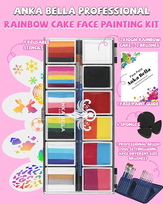 Anka Bella Professional Face Painting Kit,12X10gm Water Based Cake Face Paint with Stencil & Brushes,Hypoallergenic Safe & Non-Toxic,Gift for Birthday Parties/Halloween/Christmas