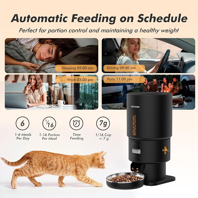 Automatic Cat Feeder - 5L Anti-Clog Cat Food Dispenser Keeps 2-15mm Dry Food Fresh, 10s Voice, 1-6 Meals/Day, Programmable Portions, 180-Day Battery Life, Easy to Clean Auto Pet Feeder for Small Dog