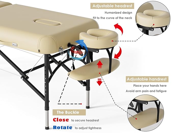 CLORIS 84" Professional Massage Table Portable 2 Folding Lightweight Facial Salon Spa Tattoo Bed Height Adjustable with Carrying Bag & Aluminium Leg Hold Up to 1100LBS Cream