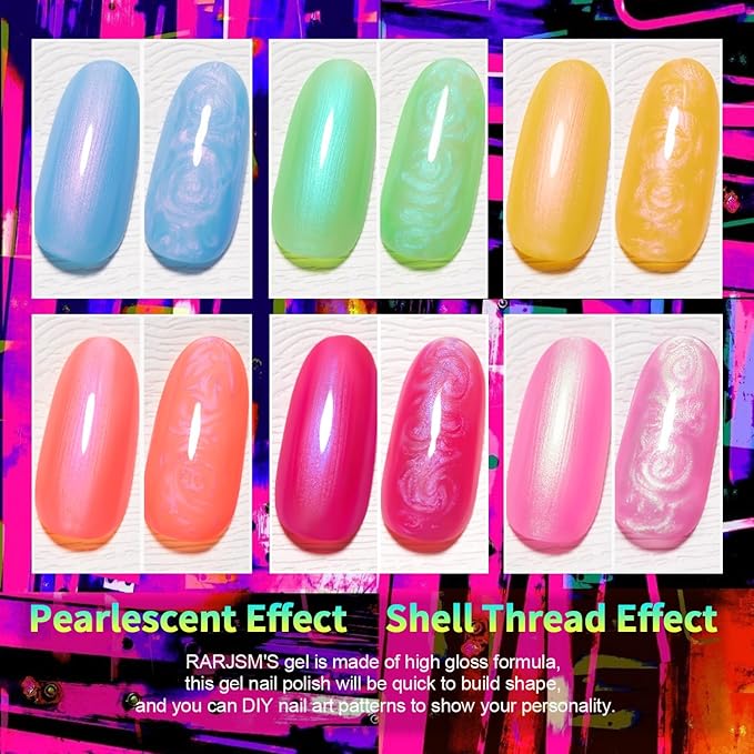RARJSM Pearl Gel Nail Polish Set Neon Green Blue Yellow Orange Red Pink Rainbow 6 Bright Colors Iridescent Mermaid Shell Glitter Polish Shimmer Multichrome Swirl Thread Effect Curing Requires