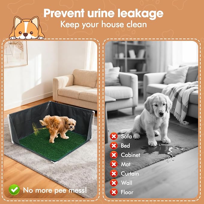 Dog Litter Box with High Walls with Artifial Grass Pad | Waterproof Pee Pad Holder Foldable, Indoor Dog Potty Tray for Puppy & Large Dogs, Splash-Proof No Spill Pee Shield for Pets