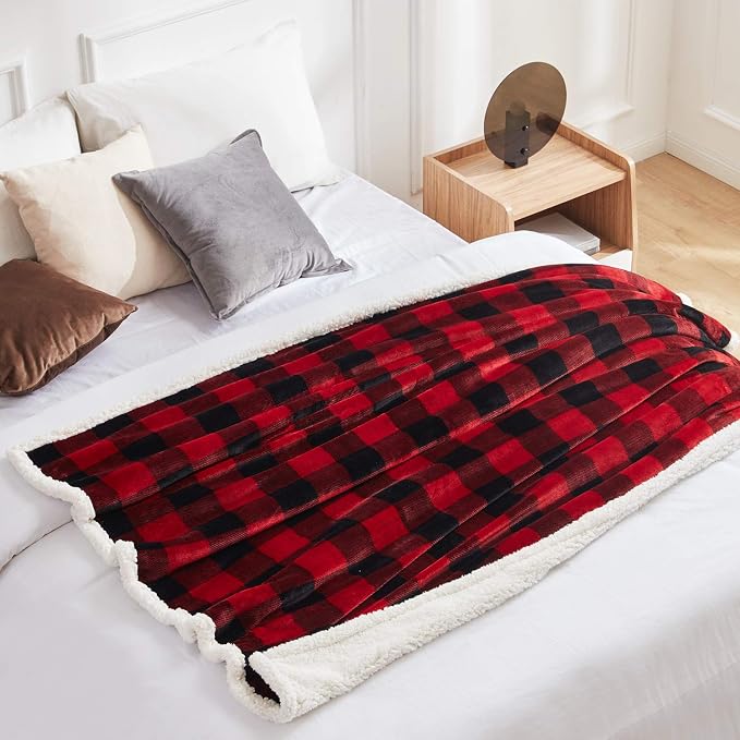 Sherpa Red and Black Buffalo Plaid Christmas Twin Blanket 60" X 70", Fuzzy Fluffy Soft Cozy Throw Blanket, Fleece Flannel Plush Microfiber Blanket for Couch Bed Sofa