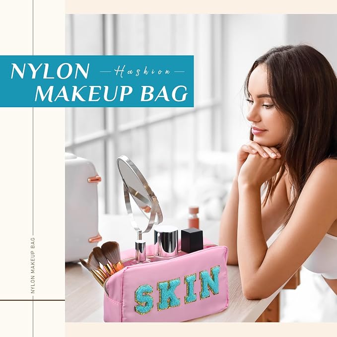 Preppy Makeup Bags Chenille Letter Stuff Bag Nylon Cosmetic Pouch Cases with Zipper for Women Travel Toiletry(Light Color,Vivid,4 Pcs)