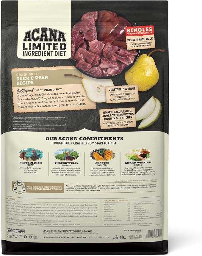 ACANA Singles Limited Ingredient Dry Dog Food Duck & Pear 13lb Bag | Grain Free, Made in the USA, Limited Ingredient, Global Quality Ingredients, For Sensitive Stomachs