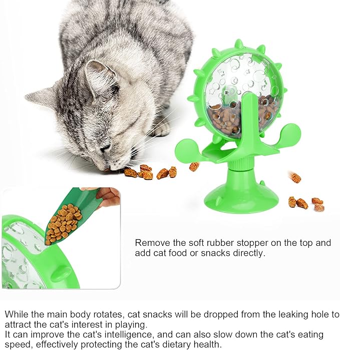 Cat Food Leakage Toy, Windmill Treat Dispensing Cat Puzzle for Indoor Cats, Interactive Slow Feeder with Suction Cup for Kitten Snacks, Mental Enrichment & Fun Play