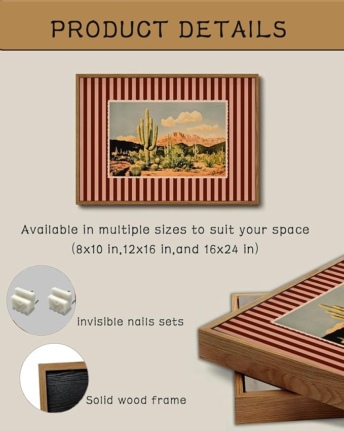 ZZLWBKGL Western Wall Decor Cactus Canvas Art Desert Framed Wall Art | Mid Century Southwestern Artwork Nature Striped Paintings for Living Room Bedroom Study