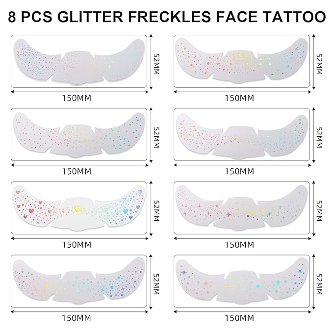 8PCS Glitter Freckles Face Tattoo for Body and Face, Face Glitter Patches for Women, Glow Up Makeup Patches Cosmetic Glitter for Festival Rave Prom (8PCSA holographic multicolor)