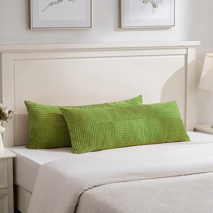 Fancy Homi Set of 1 Lime Green Boho Long Lumbar Body Decorative Throw Pillow Cover 14x36 Inch for Bed Couch Bedroom Bench, Soft Patchwork Corduroy Textured Pillow Case, Modern Room Decor
