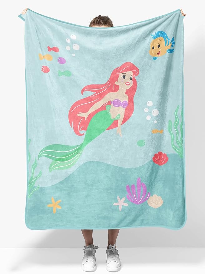 Disney The Little Mermaid Plush Travel Throw Blanket - Measures 40 x 50 Inches - Super Soft & Cozy Princess Travel Accessories Features Ariel
