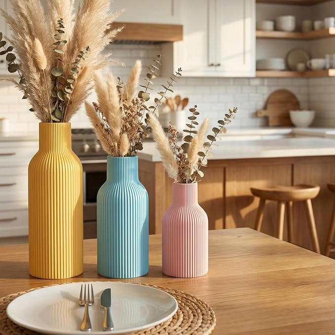 Colorful Ceramic Vases Set of 3, Matte Round Vertical Ribbed,Minimalist for Pampas Dried & Fresh Flowers, Centerpiece for Living Room, Shelf, Entryway, Wedding (Pink, Blue, Yellow)