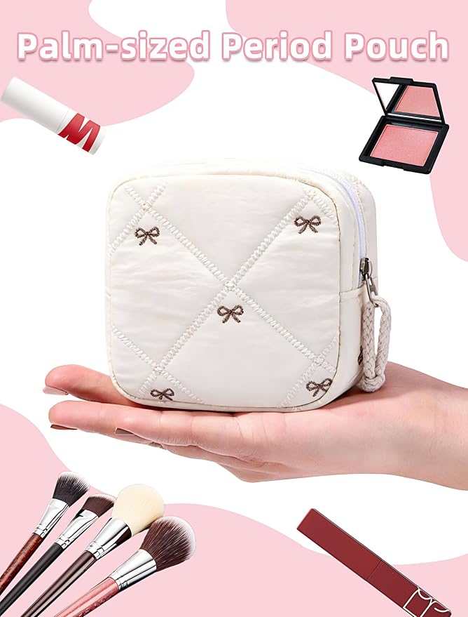 Period Bag for Girls, Quilted Period Pouch for Women, Sanitary Napkin Storage Bag Menstrual Pad Pouches Tampon Holder for Purse Pad Bag Gifts for Teen Girls(Beige)