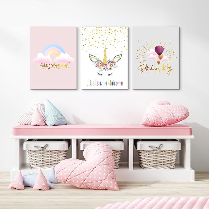 Colorful Unicorn Wall Art for Girls Bedroom Pink Unicorn Poster Pictures 3 pcs Motivational Rainbow Hot Air Balloon Cartoon Unicorns Paintings for Teen Girl Women Nursery Bathroom Decor 16"x24"